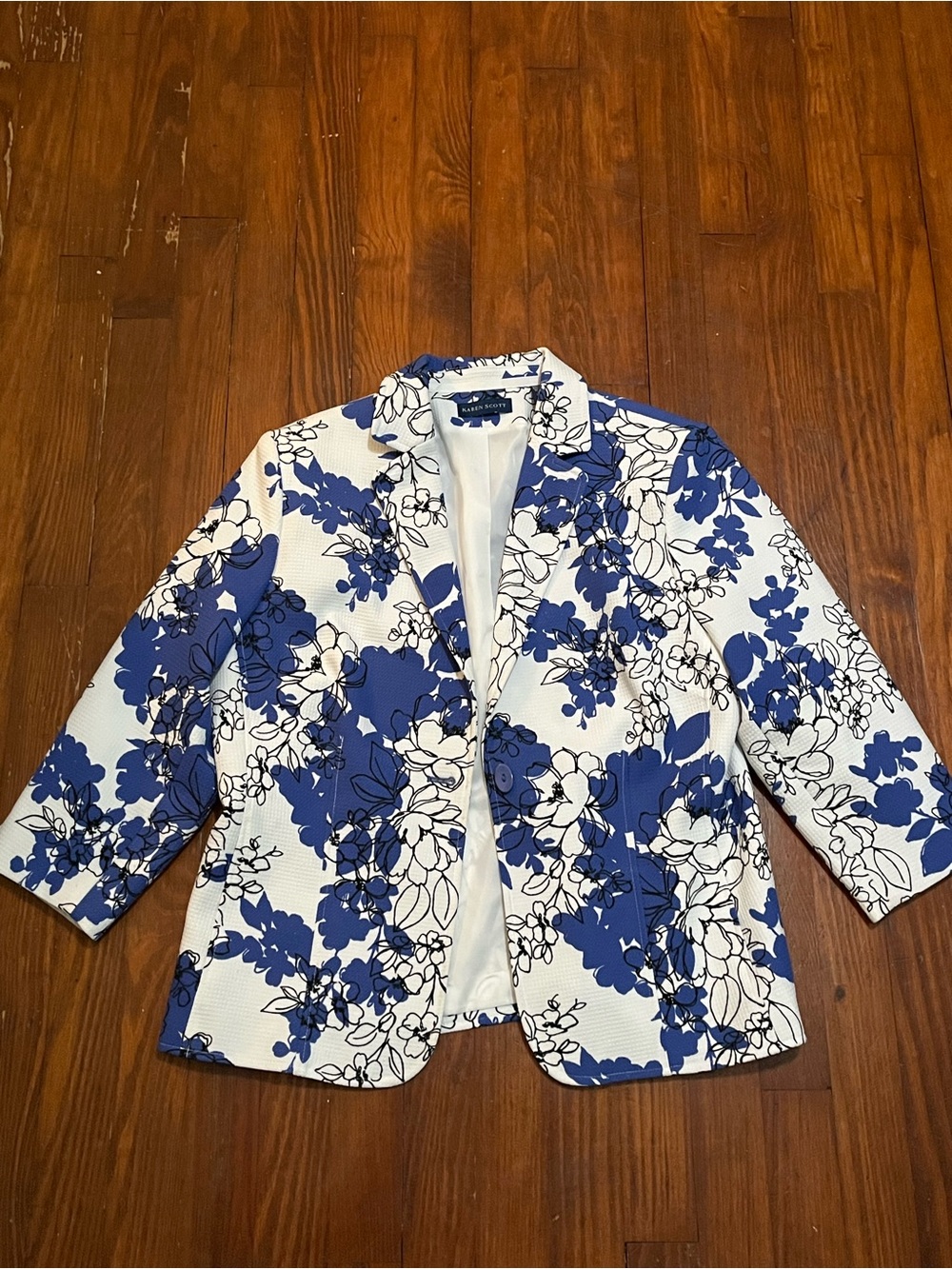Karen Scott Blue and White Floral Blazer Jacket